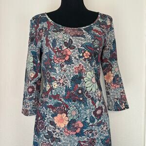 Peruvian Connection Blue Floral Cotton Jersey Midi Dress, Artisan, Luxury, Small